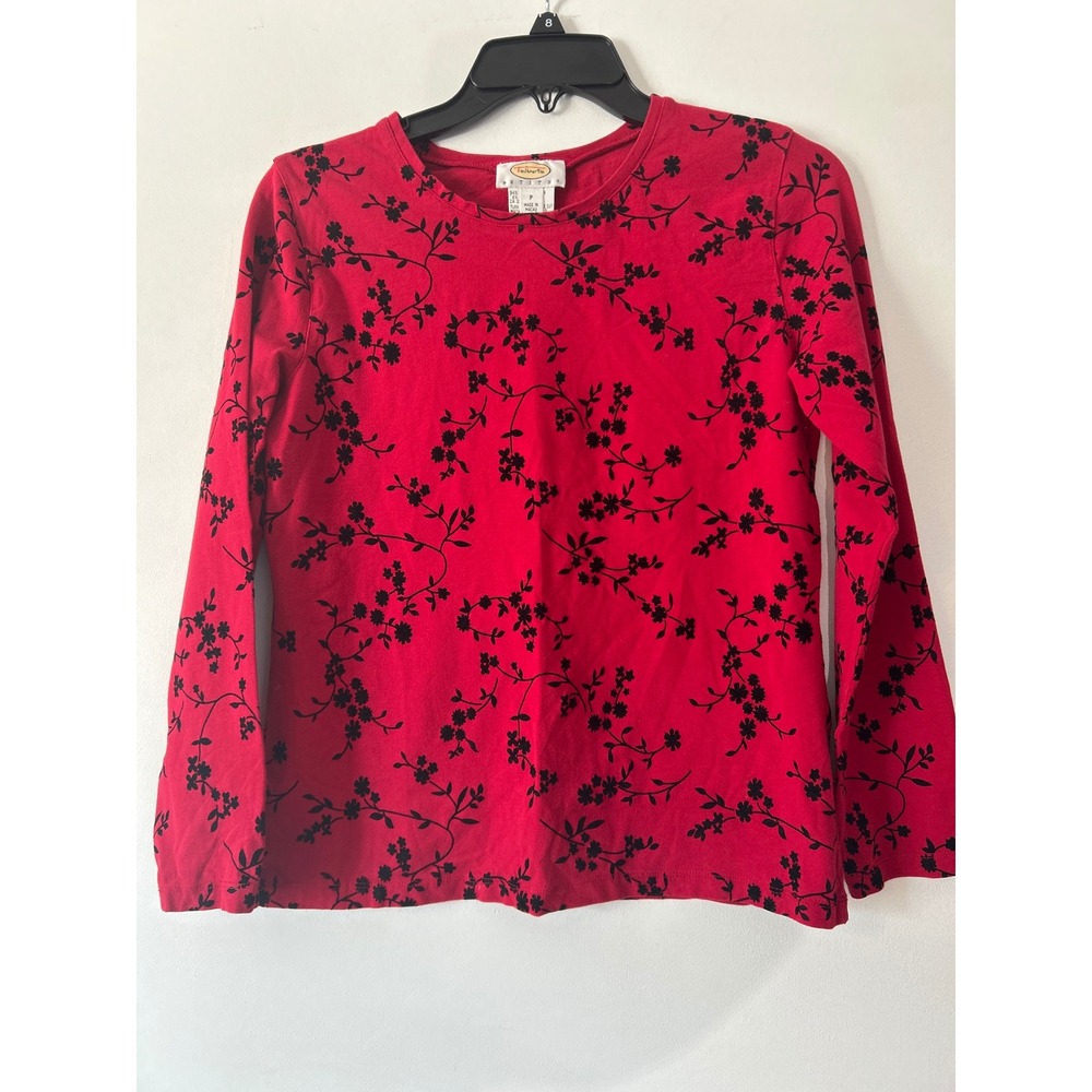 Talbots Petites Red Black Floral Print Long Sleeve Crew Neck Top Stretchy Size P
